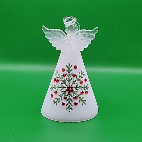 Glass Snowflake Angel Ornament Accented Frosted Glass Green Glitter Red Gems - Picture 5 of 7